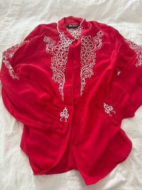 BOB MACKIE / Silk Red Blouse with White Embroidery